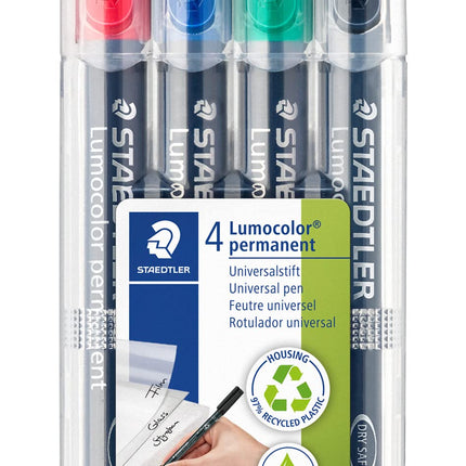 STAEDTLER Lumocolor Universal Pen, Medium, Felt Tip, Permanent Marker, Box of 4 Assorted Color Pens, 1.0mm 317 WP4 (317 WP4 ST)