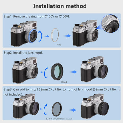 Haoge LUV-X54B Metal Lens Hood with MC UV Protection Multicoated Ultraviolet Lens Filter for Fujifilm X100VI Fuji X100V Camera Black