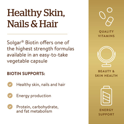 Solgar Biotin 10,000 mcg, 60 Vegetable Capsules - Energy, Metabolism, Promotes Healthy Skin, Nails & Hair - Super High Potency - Non-GMO, Vegan, Gluten Free, Dairy Free, Kosher - 60 Servings
