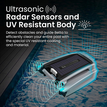 Betta SE Plus - Solar Powered Robotic Pool Skimmer with Dual Charging Options, Shallow Water Safeguard, and Twin Salt Chlorine Tolerant Motors