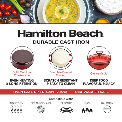Hamilton Beach Enameled Cast Iron Dutch Oven Red (3-Quart) | Cream Enamel Coating Dutch Oven Pot with Lid | Cast Iron Dutch Oven with Even Heat Distribution | Easy Grip to Handles & Multipurpose
