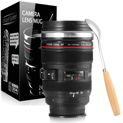 Camera Lens Coffee Mug, Lens Cups Non-BPA Stainless Steel Tumbler Leakproof Travel Mug Tea Water Bottle with Lid and Spoon - EF24-105mm f/4.0 USM Cano Lens Mug (Black)