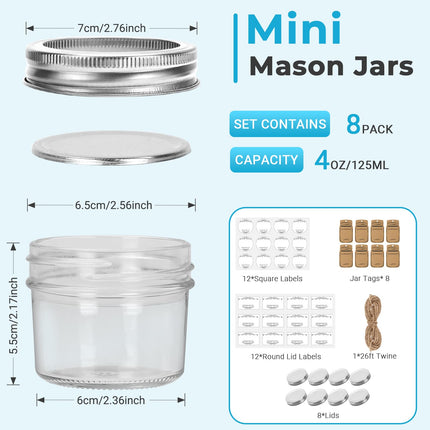 Eathtek Small Mason Jars 8 Pack, 4oz/120ml Mini Canning Jars with Regular Lids for Jelly Herbs Spice Honey Storage, Small Glass Jars Candle jars, Extra Lids Tags Label Included