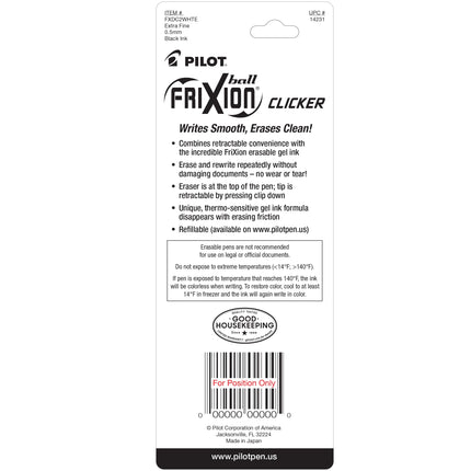 PILOT FriXion Ball Clicker Erasable Gel Ink Retractable Pen, Extra Fine Point, 0.5mm, White Barrel, Black Ink, 2 Pack