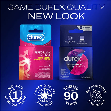 Condoms, Ultra Fine, Ribbed, Dotted with Delay Lubricant, Durex Performax Intense Natural Rubber Latex Condoms, 3 Count, Contains Desensitizing Lube for Men, FSA & HSA Eligible