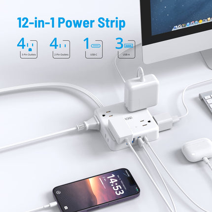 TROND Surge Protector Power Strip with USB, Ultra Thin Flat Plug 10ft Extension Cord 1625W, 3 USB A & 1 USB C, 8AC Outlets 1440J Surge Protection Wall Mount for Home Office Dorm Room Essentials, White