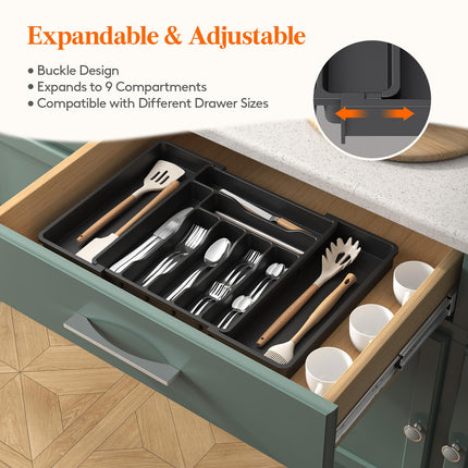 Lifewit Silverware Drawer Organizer, Expandable Utensil Organizer for Kitchen Drawers, Adjustable Cutlery and Flatware Tray, Plastic Spoons Forks Knives Holder Storage Dividers, Large, Black