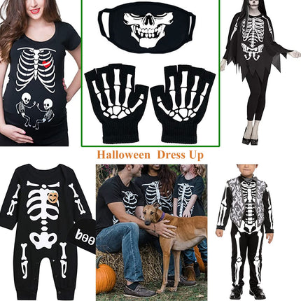 Tulips Lake Fingerless Skeleton Gloves and Skull Mask Glow in Dark Unisex Hand Riding Knit Gloves for Kids Children's Day Gift Face Mask Glove Set