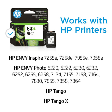 Buy HP 64XL Black High-yield Ink Cartridge | Works with HP ENVY Inspire 7950e; ENVY Photo 6200, 7100, 7800; Tango Series in India.