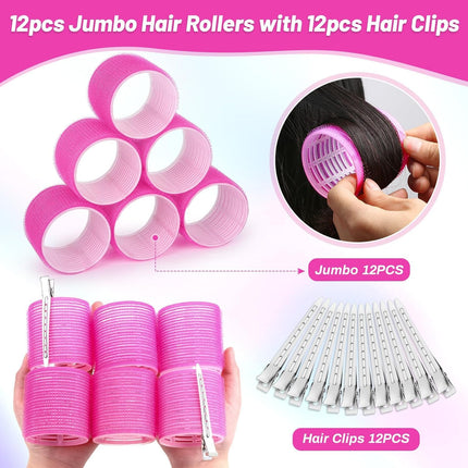 Jumbo Hair Curlers Rollers, 12Pcs 60mm Jumbo Hair Roller Curlers Self Grip Holding Rollers with 12Pcs Hair Clips for Long Thick Hair (Rose Red)