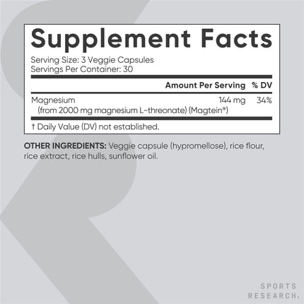 Sports Research Magtein Magnesium L-Threonate Capsules - Magnesium Supplement for Memory, Focus & Cognition - Magnesium L Threonate Supports Brain Health, Sleep & Mood - 2000mg, 90 Capsules for Adults