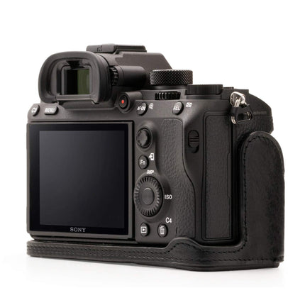 MegaGear MG1243 Sony Alpha A7RIII, A9, A7III Ever Ready Genuine Leather Camera Half Case and Strap - Black