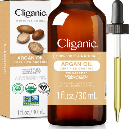Cliganic Organic Argan Oil for Hair, Face & Skin (1oz) - 100% Pure, Cold Pressed