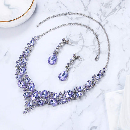 BriLove Necklace Earrings Jewelry Set for Women Wedding Bridal Austrian Crystal Teardrop Cluster Statement Necklace Dangle Earrings Set Light Purple Silver-Tone