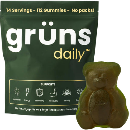Grüns Super Greens Gummy Bears: Organic Spirulina and Chlorella, Prebiotics for Digestive Health, 20+ Vitamins and Minerals, Adaptogens - 112 Gummies
