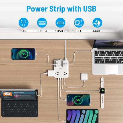 TROND Surge Protector Power Strip with USB, Ultra Thin Flat Plug 5ft Extension Cord 1625W, 3 USB A & 1 USB C, 8AC Outlets 1440J Surge Protection Wall Mount for Home Office Dorm Room Essentials, White