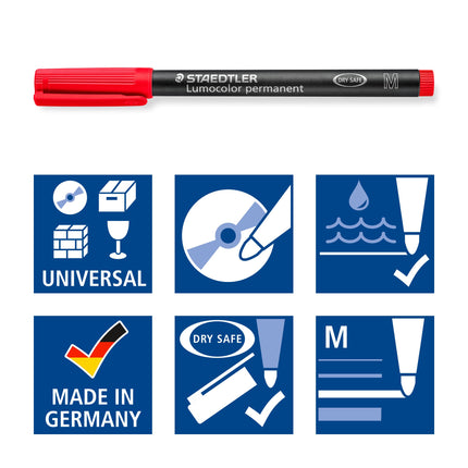 STAEDTLER Lumocolor Universal Pen, Medium, Felt Tip, Permanent Marker, Box of 4 Assorted Color Pens, 1.0mm 317 WP4 (317 WP4 ST)