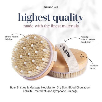 MainBasics Dry Brush | Dry Brushing Body Brush for Lymphatic Drainage, Dry Skin, Cellulite, Blood Circulation with Massage Nodes Exfoliating Body Scrubber for Flawless Skin