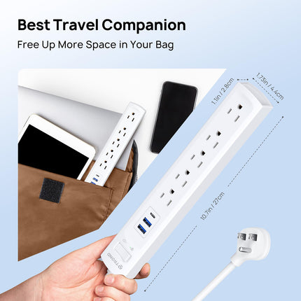 TROND Power Strip Surge Protector, Flat Plug 6ft Extension Cord, 5 Widely AC Outlets with 3 USB Ports(1 USB C), 1440J, 1250W, Wall Mount, Desktop Charging Station for Home Office Dorm Room, White