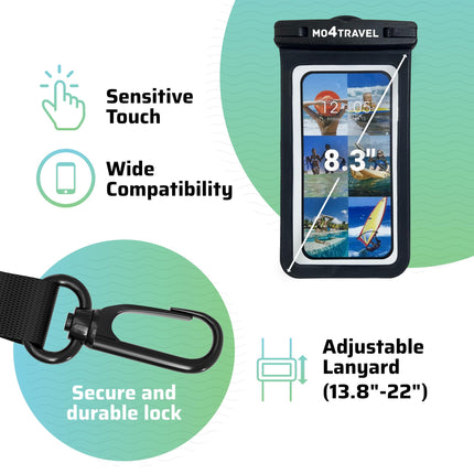 mo4travel Waterproof Phone Pouch - Waterproof Phone Case with Lanyard Compatible with iPhones (15 Pro Max/14/13/12/11), Samsung Galaxy S23 Ultra/S22/S21 for Beach Essentials - Black & Teal [Pack of 2]