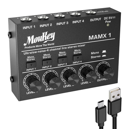 Moukey Mini Audio Mixer Line Mixer, DC 5V, 4-Stereo Ultra, Low-Noise 4-Channel for Sub-Mixing, for Small Clubs or Bars, As Guitars, Bass, Keyboards Mixer, 2021 New Version-MAMX1