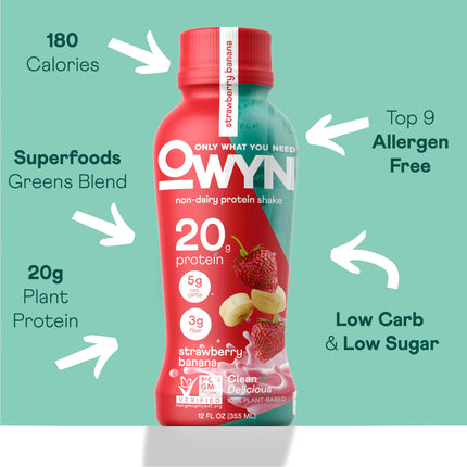 OWYN Only What You Need Protein Shake, 20g Vegan Protein, Ready to Drink, Dairy Free, Great Taste, 4g Sugar, 5g Net Carbs, Strawberry Banana Variety Pack, 12 Fl Oz (12 Pack)