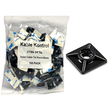 Kable Kontrol Zip Tie Mounts, 3/4” Sq, Black, 100 Pcs, Adhesive Backed Multi-Purpose UV-Resistant Mounting Squares Nylon Cable Tie Wrap Anchor Pads for Cable Management