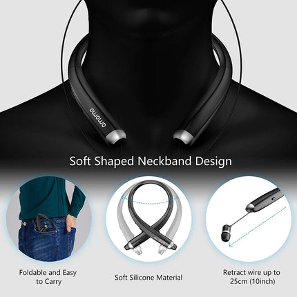 AMORNO Bluetooth Headphones, Foldable Wireless Neckband Headset with Retractable Earbuds, Sports Sweatproof Noise Cancelling Stereo Earphones with Mic