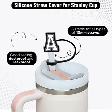 Letter Initial Silicone Straw Cover Topper Cap for Stanley Cup (Fits 30oz & 40oz) Personalized Name ID Identification Charm Accessories Fits 10mm Stanley Straw Tumbler (White, Letter A)