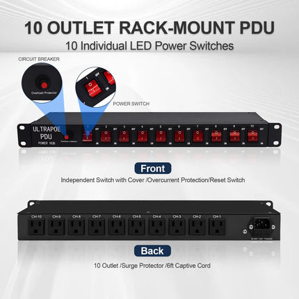 buy UltraPoE 10 Outlets 1U Rack Mount Power Strip, 100-240V/15A/1800 Joules, for Network Server Racks - Surge Protector, 6FT Power Cable, Rack Mount Power Strips with 10 Individual Switch in India