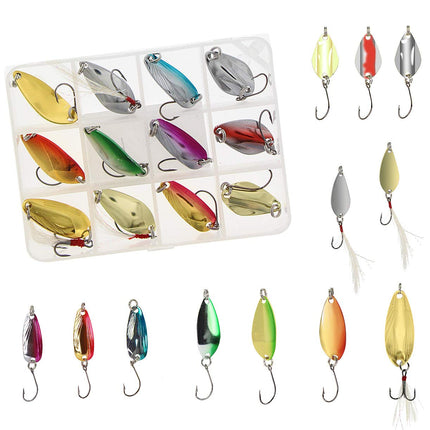 Fishing Spoon Lure Set Metal Baits for Trout, Char and Perch Fishing with Tackle Box (Pack of 12)