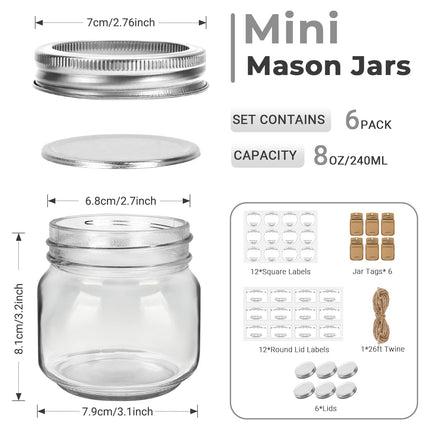 Eathtek Small Mason Jars 8oz/240ml with Regular Lids, 6 Pack Glass Canning Jars With Labels, Mini Glass Jars for Jam Jelly Spice Honey Herbs, Wedding Shower Favors Food Storage Candle Jars