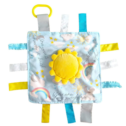 Baby Jack & Co 10x10 Sunshine Lovey Tag Toys for Babies - Baby Toys - Toys for Baby - Soft & Safe - Learn Shapes & Colors - Ideal Baby Toy & Baby Gift - BPA Free w/Stroller Clip