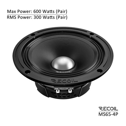 RECOIL MS65-4P 6.5-Inch Midrange Pro Audio Car Speakers, 600 Watts Max, 300 Watts RMS, 4Ohm, 1.5-Inch High Temperature Kapton Voice Coil, Premium Quality Car Audio Door Speakers (Pair)