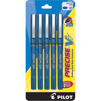 Pilot, Precise V7, Capped Liquid Ink Rolling Ball Pens, Fine Point 0.7 mm, Blue, Pack of 5