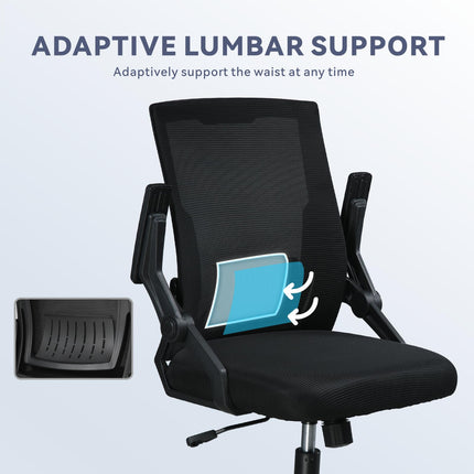 COMHOMA Computer Desk Chair, Ergonomic Office Chair with Flip-up Armrests Foldable Mesh Task Chair with Wheels Adaptive Lumbar Support Swivel Tilt Comfortable Study Chair for Student, Black