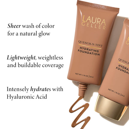LAURA GELLER NEW YORK Quench-n-Tint Hydrating Foundation - Medium/Deep - Sheer to Light Buildable Coverage - Natural Glow Finish - Lightweight Formula with Hyaluronic Acid