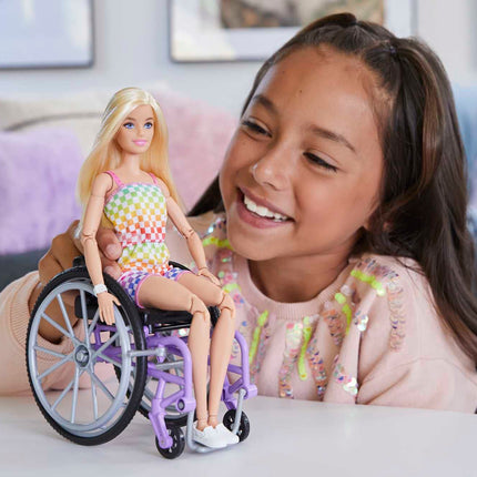 Barbie Fashionistas Doll #194 with Wheelchair and Ramp, Straight Blonde Hair and Rainbow Romper with Accessories