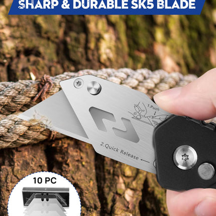 Utility Knife, BIBURY Upgraded Version Heavy Duty Box Cutter, Pocket Carpet knife with 10 Replaceable SK5 Stainless Steel Blades, Belt Clip, Easy Release Button, Quick Change and Safety Lock-Black