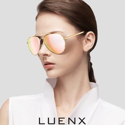 LUENX Aviator Sunglasses Polarized for Women Mirror Pink Lens Metal Gold Frame with case