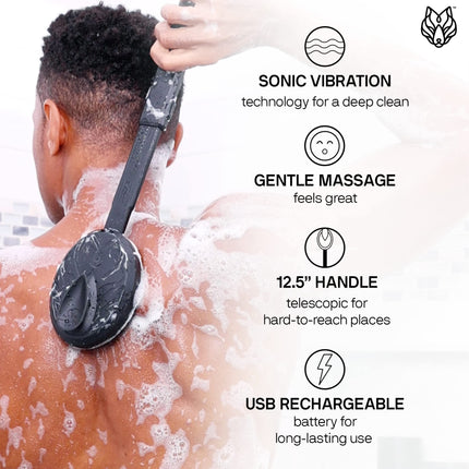 Black Wolf Vibrating Face and Body Brush, Sonic Scrubber Pro - Water Resistant, 4 Settings, 2 Speeds & 2 Modes, Massage Brush with Charcoal Infused Silicone Bristles for Deep Clean