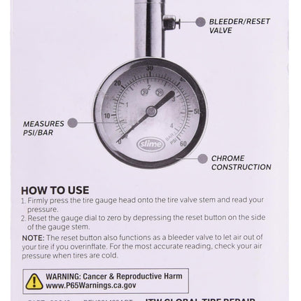 Slime 20049 Tire Pressure Gauge, Large Face Dial Analogue Gauge, 5-60 PSI