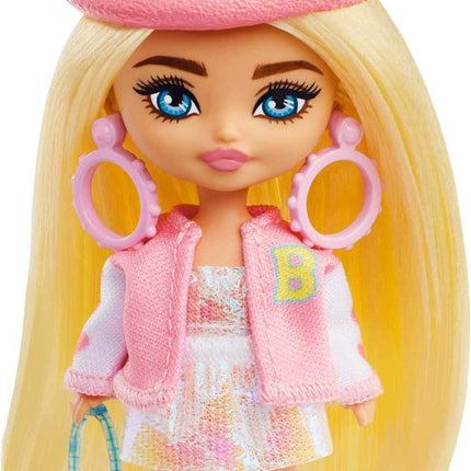 Barbie Extra Mini Minis Doll with Blonde Hair, Beret, Varsity Jacket & Accessories & Stand, 3.25-inch