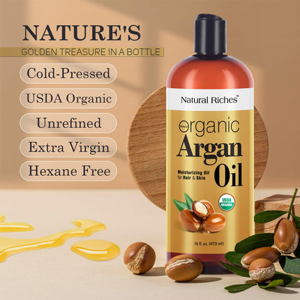 Natural Riches Organic Argan Oil of Morocco 16oz Penetrating Hair oil Deep Moisturizing Serum for Dry, Damaged & Coarse Hair pure Moroccanoil Cold Pressed for Hair, Face and Body