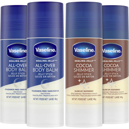 Vaseline Lotion Bundle, Cocoa Shimmer Jelly Stick Highlighter & Luminizer + All Over Body Balm Stick, Cocoa Butter, Body Balm Skin Care Set, Petroleum Jelly for Dry Skin (4 Piece Set)