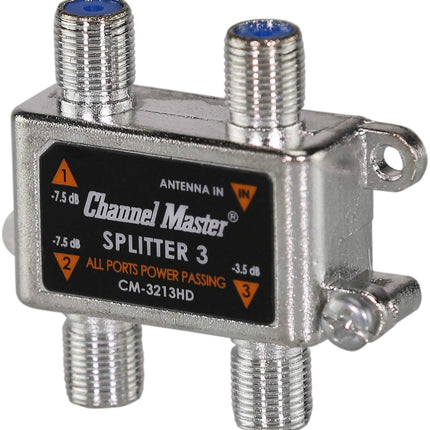 Channel Master Splitter 3, 3-Way Splitter with Power Passing Capability for TV Antenna and Cable Signals (3-Port, Chrome)