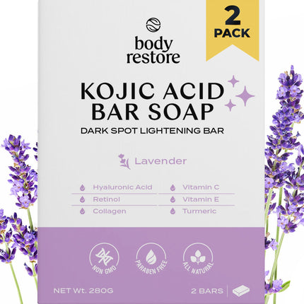 Body Restore Kojic Acid Soap, (Lavender 2 Pack), with Vitamin C,E, Shea Butter, Collagen, Hyaluronic Acid, Turmeric, Retinol For Dark Spots, All Natural Soap Bar, Paraben Free