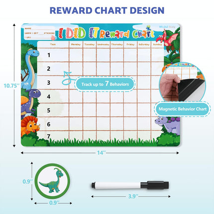 Blissful Diary Chore Chart for Kids, Magnetic Behavior Chart for Kids at Home w 72 Magnetic Stickers, Cute Dinosaur Theme Reward Chart for Toddlers, Dry Erase Responsibility Chart for Potty Training