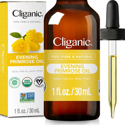 Cliganic Organic Evening Primrose Oil, 100% Pure (1oz) - For Hair & Face | Natural Cold Pressed Unrefined