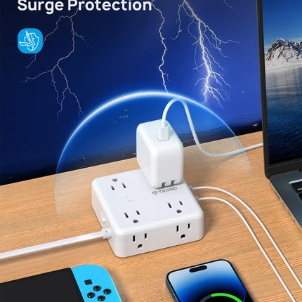 TROND 5ft Flat Extension Cord with 2 USB C, Ultra Thin Flat Plug Power Strip, 8 Widely Outlets and 4 USB Ports, 1700J Surge Protector, Slim Desk Charging Station for Office, Travel, Home, White